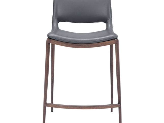 Set of Two 25" Dark Gray and Brown Faux Leather and Steel Low Back Counter Height Bar Chairs