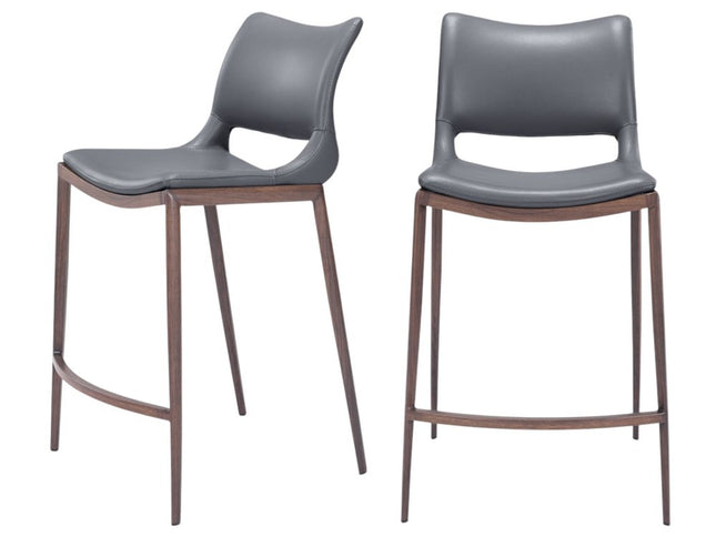 Set of Two 25" Dark Gray and Brown Faux Leather and Steel Low Back Counter Height Bar Chairs
