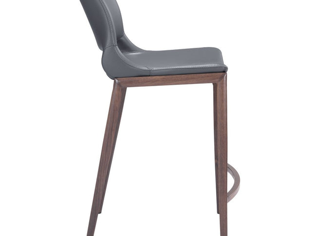 Set of Two 25" Dark Gray and Brown Faux Leather and Steel Low Back Counter Height Bar Chairs