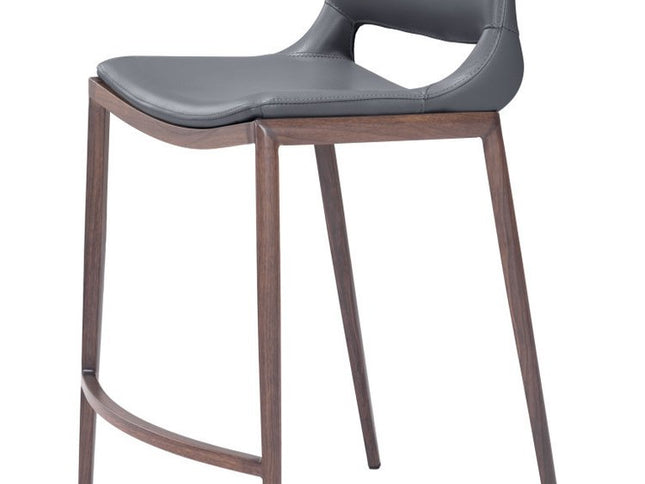 Set of Two 25" Dark Gray and Brown Faux Leather and Steel Low Back Counter Height Bar Chairs