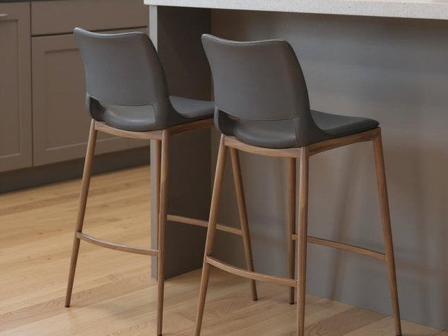 Set of Two 29" Dark Gray and Walnut Faux Leather and Steel Low Back Counter Height Bar Chairs