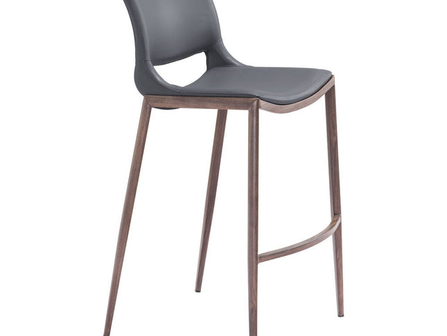 Set of Two 29" Dark Gray and Walnut Faux Leather and Steel Low Back Counter Height Bar Chairs