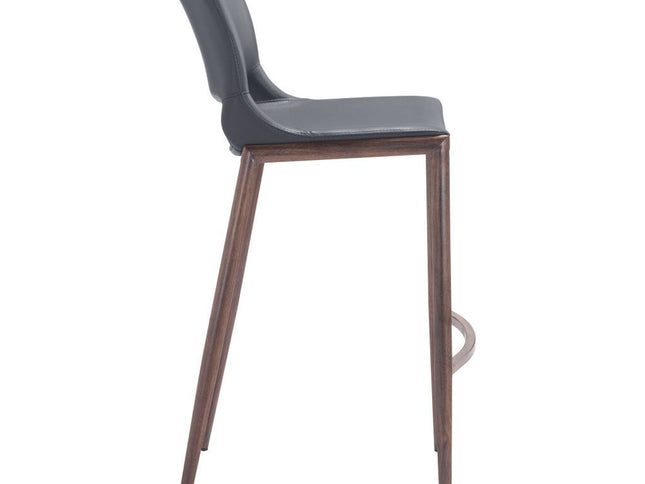 Set of Two 29" Dark Gray and Walnut Faux Leather and Steel Low Back Counter Height Bar Chairs