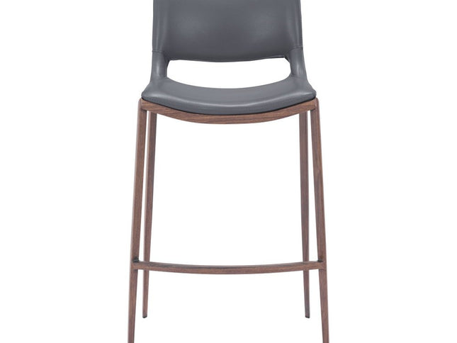 Set of Two 29" Dark Gray and Walnut Faux Leather and Steel Low Back Counter Height Bar Chairs