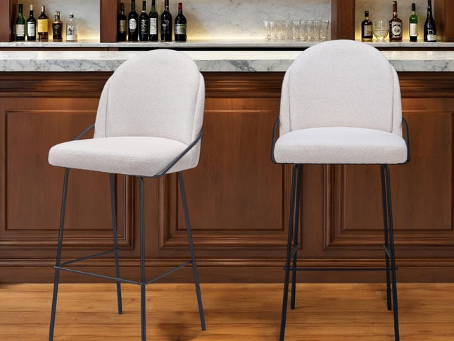 Set of Two 30" Ivory And Black Shearling And Steel Bar Height Bar Chairs