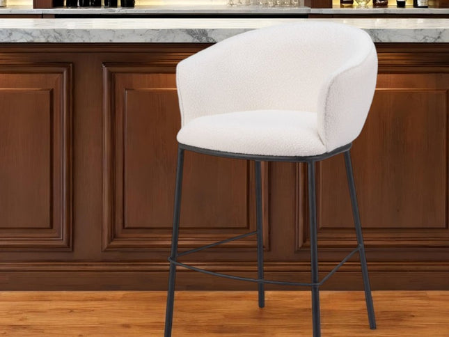 30" Ivory And Black Shearling And Steel Bar Height Bar Chair