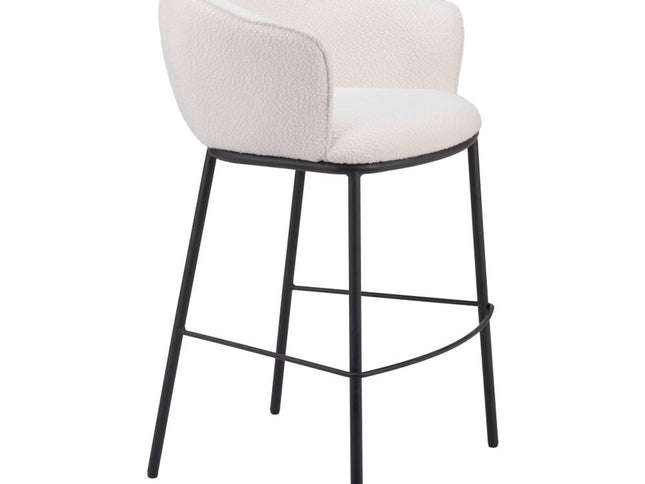30" Ivory And Black Shearling And Steel Bar Height Bar Chair