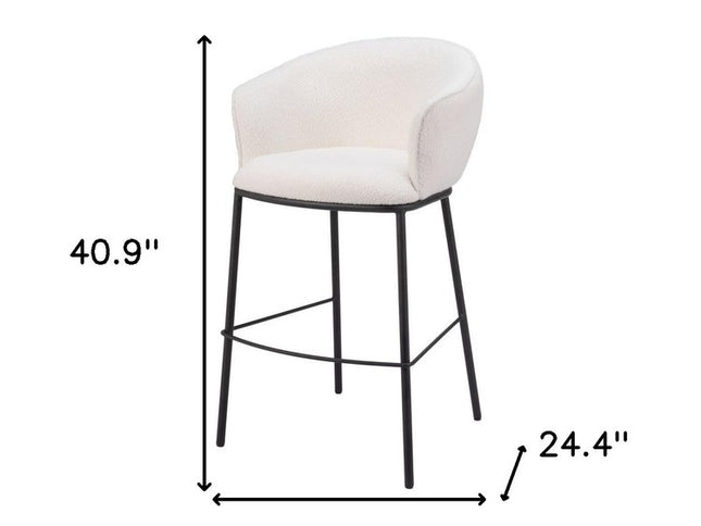 30" Ivory And Black Shearling And Steel Bar Height Bar Chair