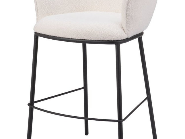 30" Ivory And Black Shearling And Steel Bar Height Bar Chair