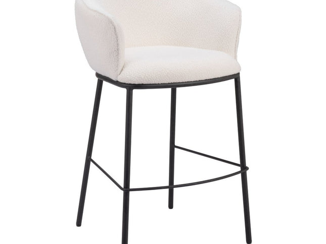 30" Ivory And Black Shearling And Steel Bar Height Bar Chair