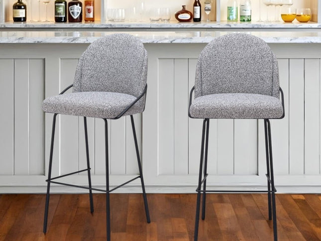 Set of Two 30" Light Gray And Black Shearling And Steel Bar Height Bar Chairs