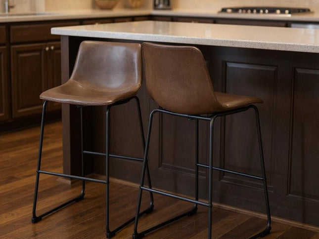 Set of Two 29" Espresso and Black Faux Leather and Steel Counter Height Bar Chairs