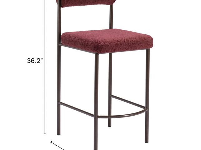Set of Two 26" Red and Bronze Shearling and Steel Low Back Counter Height Bar Chairs