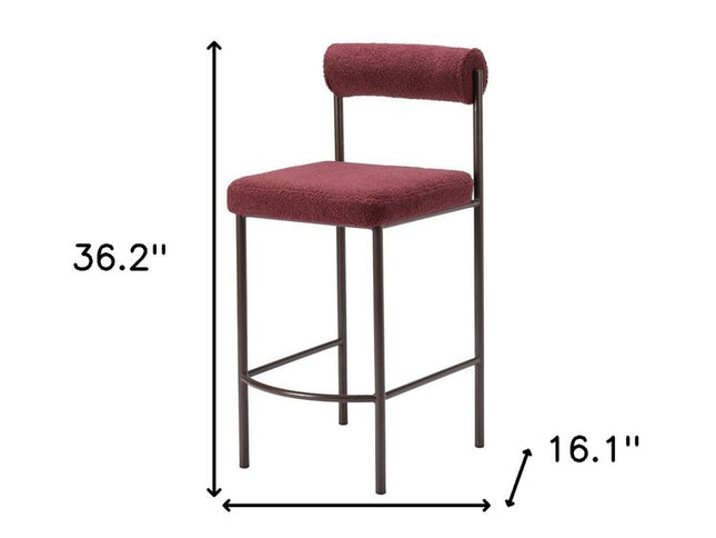 Set of Two 26" Red and Bronze Shearling and Steel Low Back Counter Height Bar Chairs