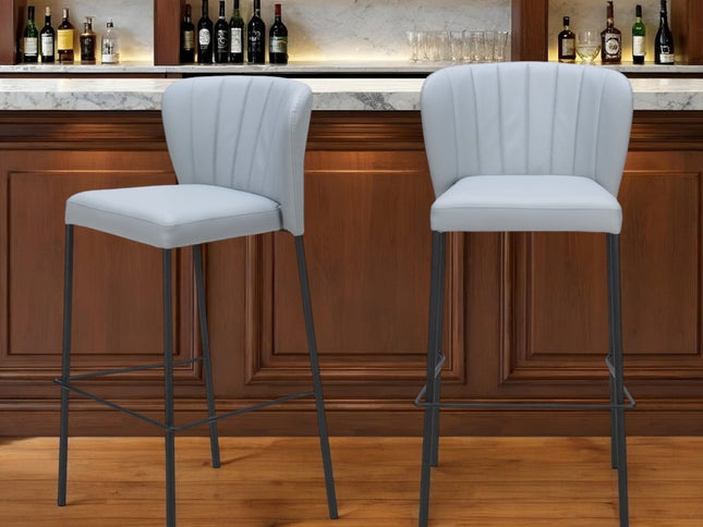 Set of Two 29" Gray And Black Faux Leather And Steel Bar Height Bar Chairs