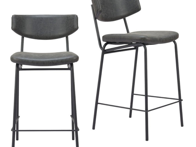 Set of Two 30" Black Faux Leather and Steel Low Back Bar Height Bar Chairs