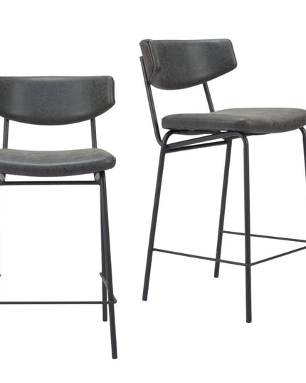 Set of Two 30" Black Faux Leather and Steel Low Back Bar Height Bar Chairs