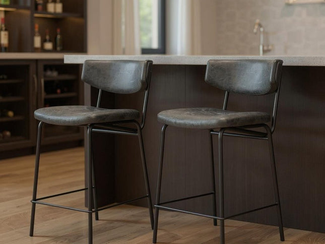 Set of Two 30" Black Faux Leather and Steel Low Back Bar Height Bar Chairs