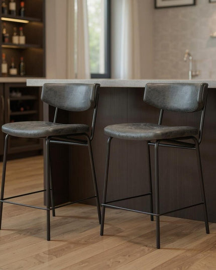 Set of Two 30" Black Faux Leather and Steel Low Back Bar Height Bar Chairs