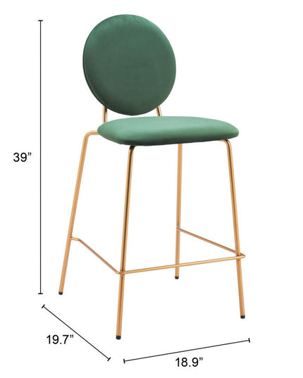 Set of Two 26" Green and Gold Velvet and Steel Counter Height Bar Chairs