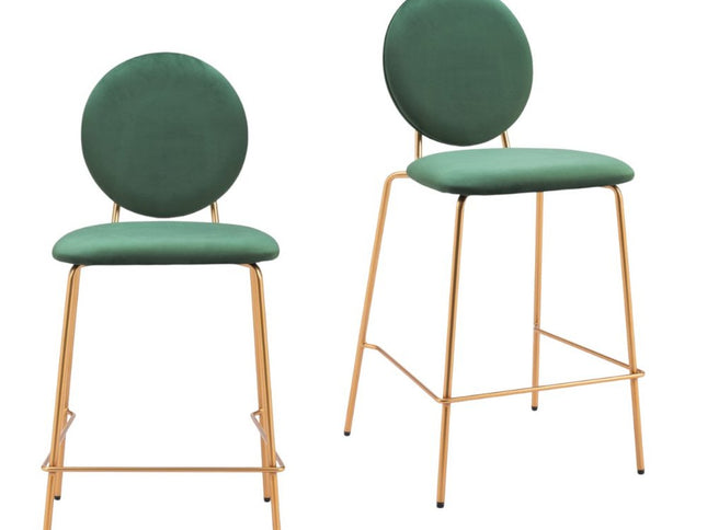 Set of Two 26" Green and Gold Velvet and Steel Counter Height Bar Chairs