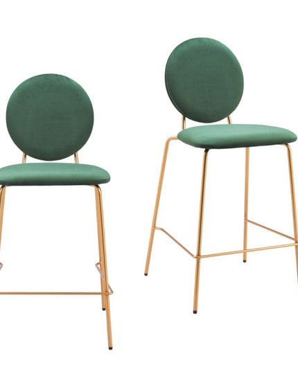 Set of Two 26" Green and Gold Velvet and Steel Counter Height Bar Chairs