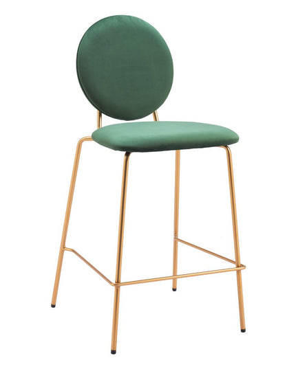 Set of Two 26" Green and Gold Velvet and Steel Counter Height Bar Chairs