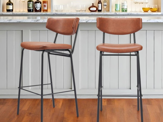 Set of Two 26" Brown And Black Faux Leather And Steel Counter Height Bar Chairs
