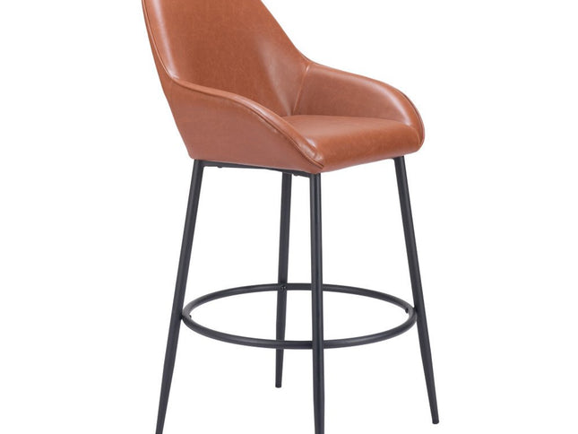 Set of Two 30" Brown And Black Faux Leather And Steel Bar Height Bar Chairs