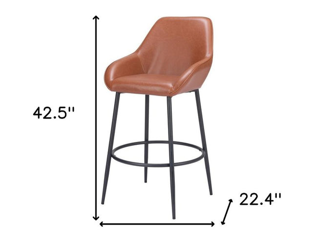 Set of Two 30" Brown And Black Faux Leather And Steel Bar Height Bar Chairs