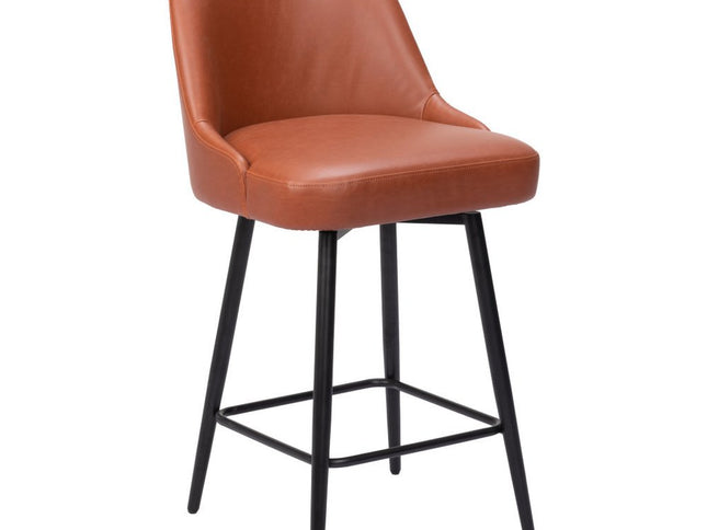 26" Brown And Black Faux Leather And Steel Counter Height Swivel Bar Chair