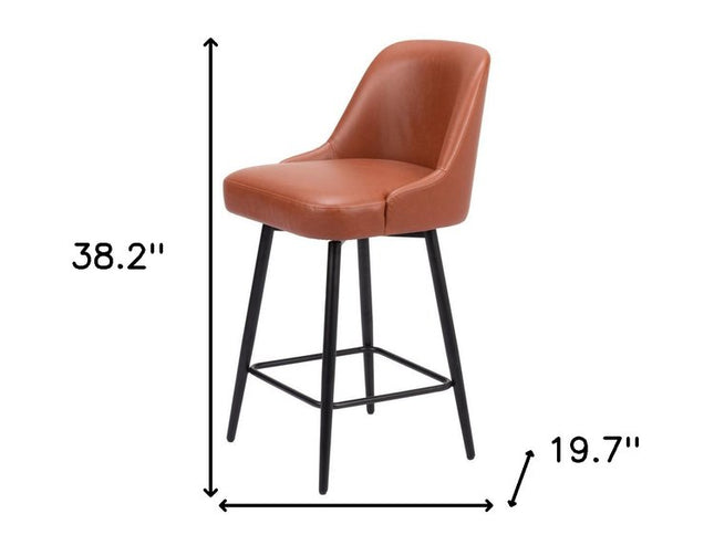 26" Brown And Black Faux Leather And Steel Counter Height Swivel Bar Chair
