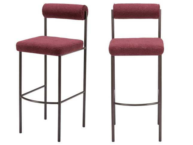 Set of Two 30" Red and Bronze Shearling and Steel Low Back Bar Height Bar Chairs