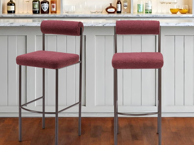 Set of Two 30" Red and Bronze Shearling and Steel Low Back Bar Height Bar Chairs