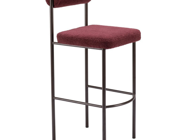 Set of Two 30" Red and Bronze Shearling and Steel Low Back Bar Height Bar Chairs