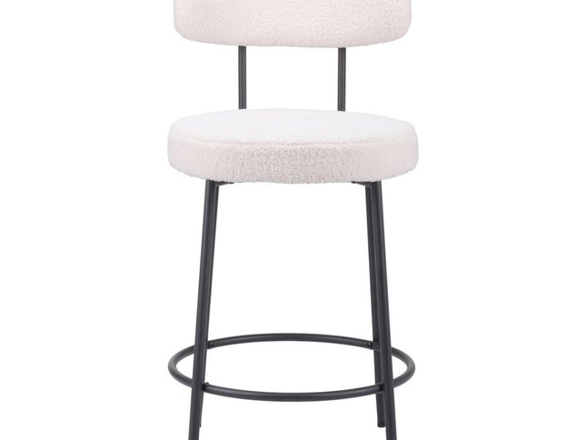 Set of Two 25" Ivory and Black Shearling and Steel Low Back Counter Height Bar Chairs
