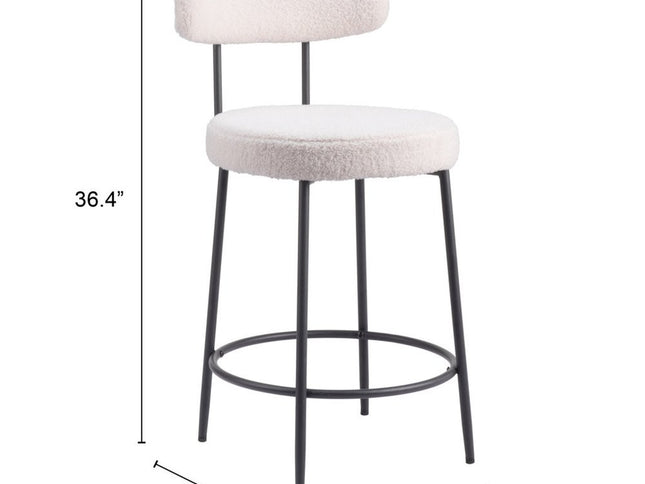 Set of Two 25" Ivory and Black Shearling and Steel Low Back Counter Height Bar Chairs