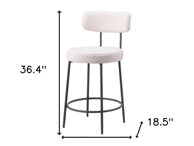 Set of Two 25" Ivory and Black Shearling and Steel Low Back Counter Height Bar Chairs