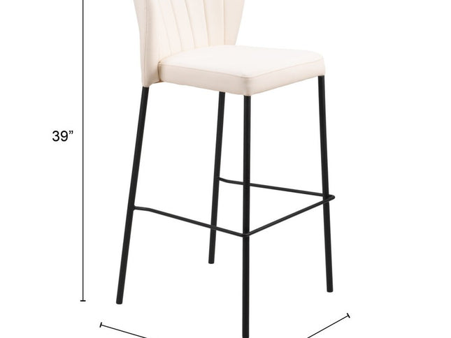 Set of Two 29" Cream And Black Faux Leather And Steel Bar Height Bar Chairs