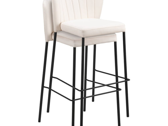 Set of Two 29" Cream And Black Faux Leather And Steel Bar Height Bar Chairs