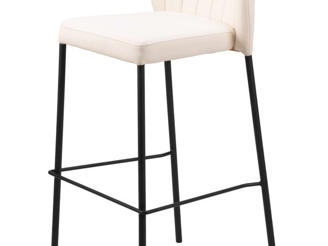 Set of Two 29" Cream And Black Faux Leather And Steel Bar Height Bar Chairs
