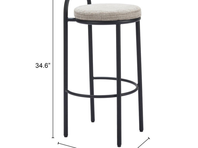 Set of Two 30" Beige and Black Chenille and Steel Low Back Bar Height Bar Chairs