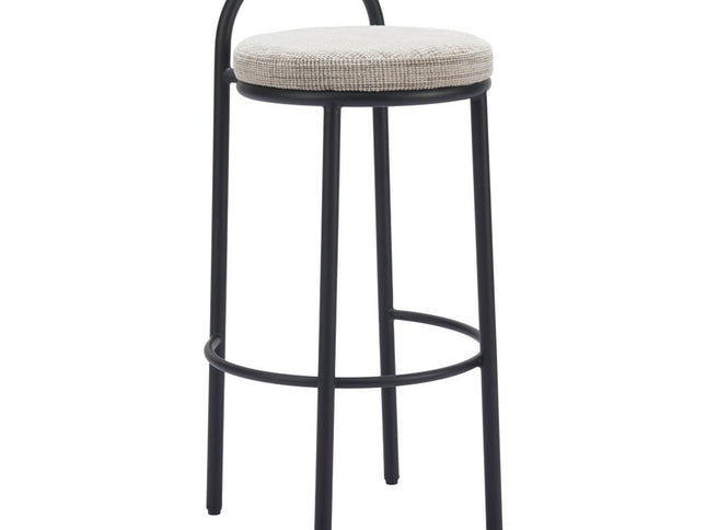 Set of Two 30" Beige and Black Chenille and Steel Low Back Bar Height Bar Chairs