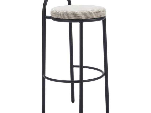 Set of Two 30" Beige and Black Chenille and Steel Low Back Bar Height Bar Chairs