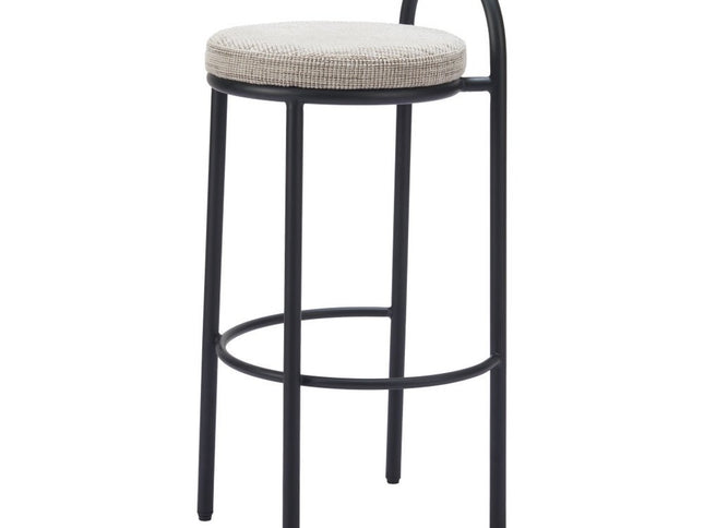 Set of Two 30" Beige and Black Chenille and Steel Low Back Bar Height Bar Chairs