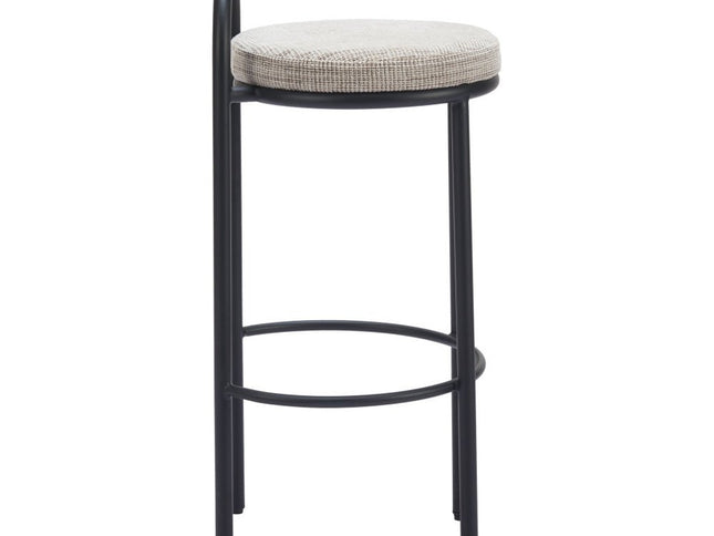 Set of Two 30" Beige and Black Chenille and Steel Low Back Bar Height Bar Chairs