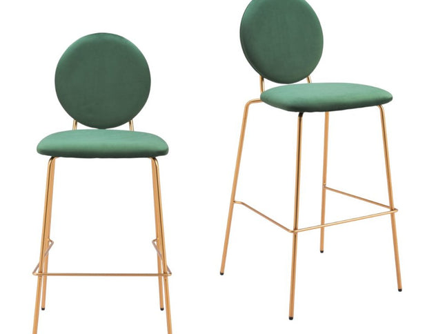 Set of Two 30" Green and Gold Velvet and Steel Bar Height Bar Chairs