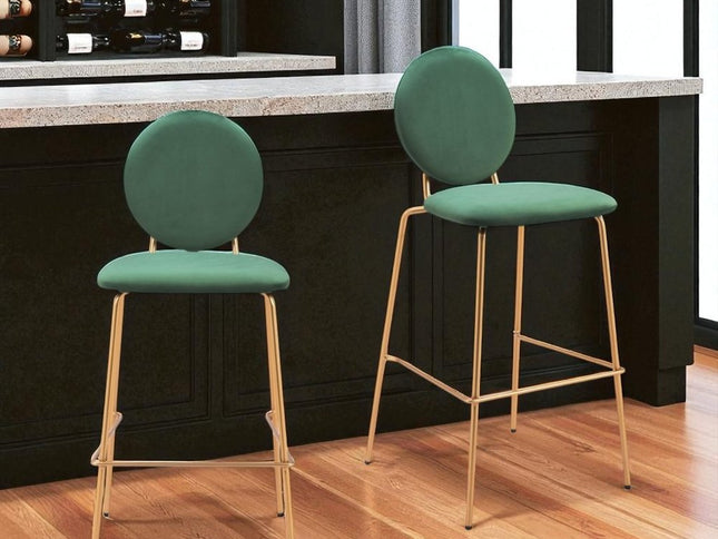 Set of Two 30" Green and Gold Velvet and Steel Bar Height Bar Chairs