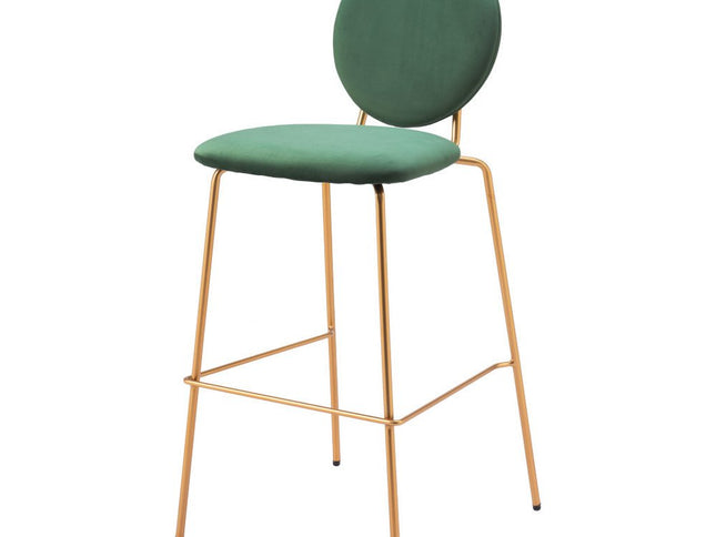 Set of Two 30" Green and Gold Velvet and Steel Bar Height Bar Chairs