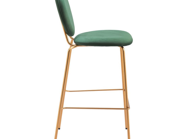 Set of Two 30" Green and Gold Velvet and Steel Bar Height Bar Chairs